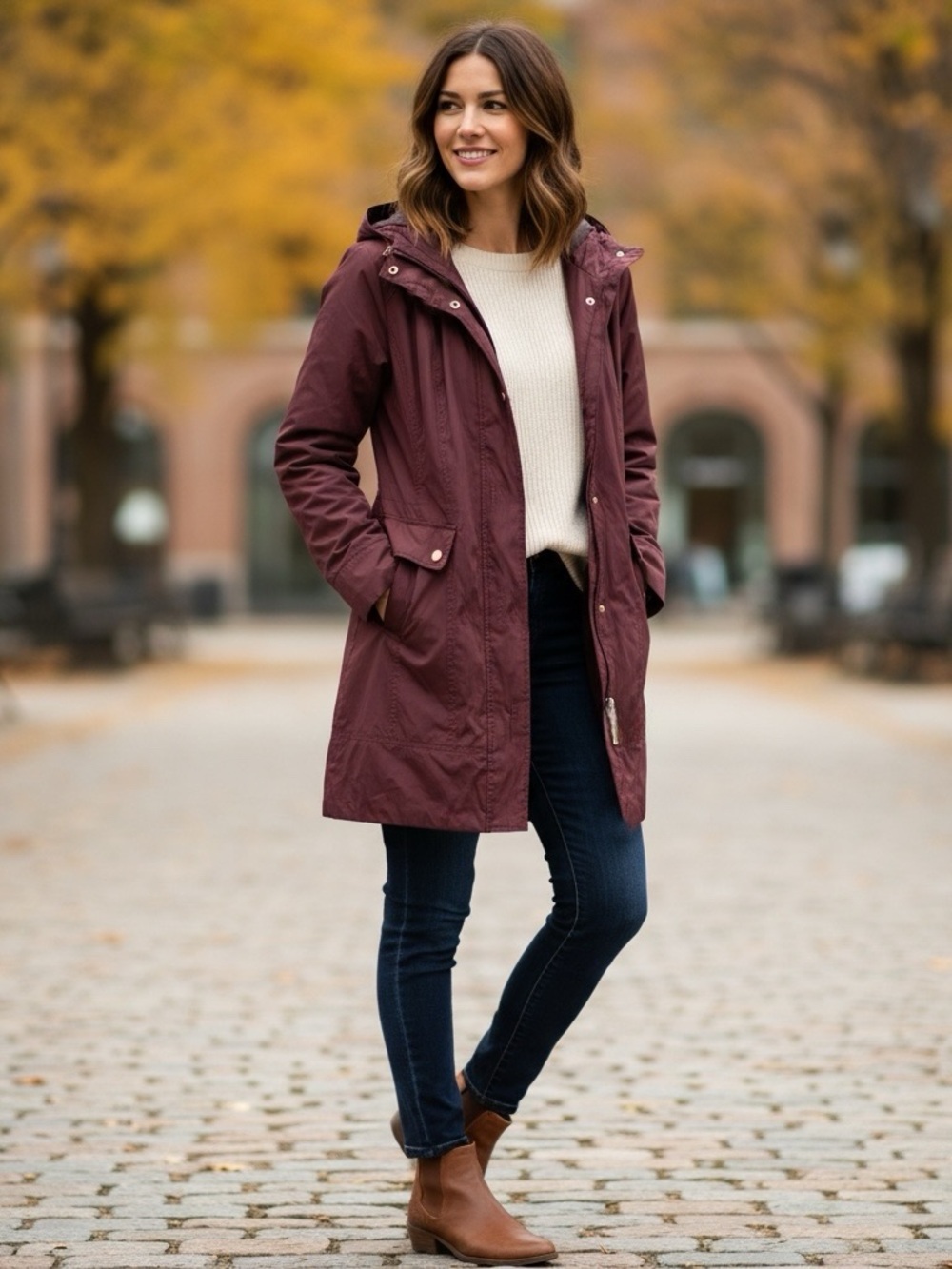 Cole Haan Signature Packable Hooded Raincoat Back Bow‎ Plum Sz XS EUC